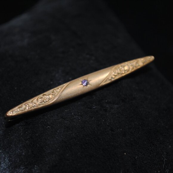 Antique Gold-filled Repousse Bar Pin / Brooch with Amethyst Glass - Picture 2 of 6